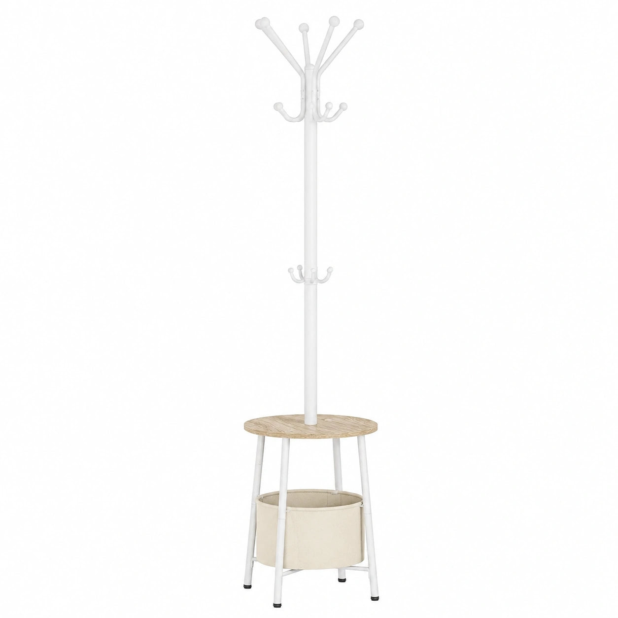 Moderner Garderobenständer mit großem Korb und 12 Haken, 182 cm, Weiß