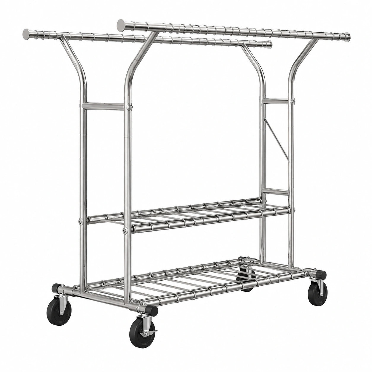 Robuster Kleiderständer auf Rollen, verstellbar 128-189cm, 200KG Kapazität, mit Doppellagernetzen, Metallstange für Kleidung und Accessoires