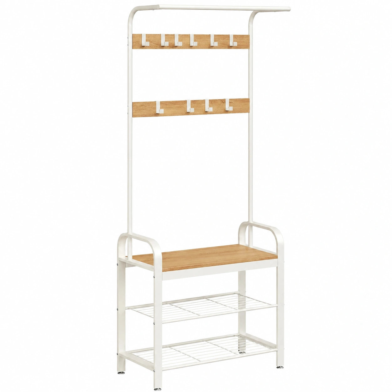 Moderner VASAGLE Kleiderständer mit Schuhbank, 4-in-1 Design, 9 Haken, Eiche-Weiß, 33,7 x 72 x 183 cm