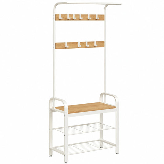Moderner VASAGLE Kleiderständer mit Schuhbank, 4-in-1 Design, 9 Haken, Eiche-Weiß, 33,7 x 72 x 183 cm