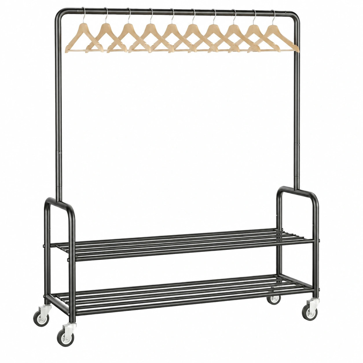 Robuster Kleiderständer mit Rollen und Regalen, 118 cm Metallstange für Schlafzimmer, Schwerlast & vielseitig, Schwarz