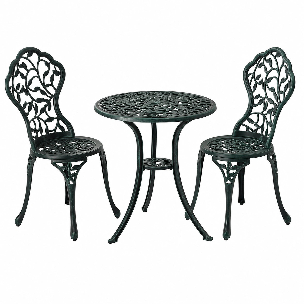 Gartenmöbel-Set aus Aluguss, 3-teilig, inklusive Tisch und 2 Stühlen, Blättermuster, grün