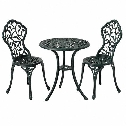 Gartenmöbel-Set aus Aluguss, 3-teilig, inklusive Tisch und 2 Stühlen, Blättermuster, grün