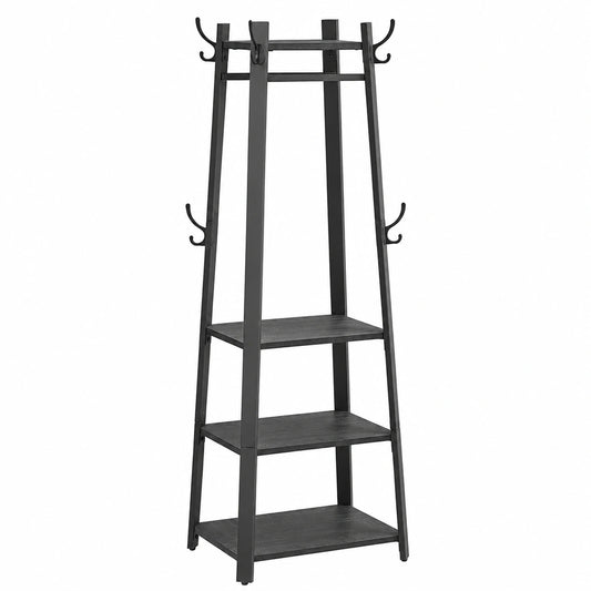 VASAGLE Garderobenständer, Kleiderständer mit 8 Haken, 4 Regale und Kleiderstange, Metallrahmen, für Flur, Schals, Jacken, Taschen, Anthrazitgrau-Schwarz