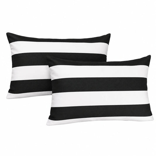 Lewondr Wetterfeste Outdoor-Kissenhüllen, 2er Set, 30x50cm, Streifenmuster, Wasserdicht, für Terrasse, Garten, Balkon, Schwarz-Grau-Weiß