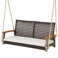 Zweisitzer Rattan-Hängeschaukel mit Akazienholz, Gartenschaukel bis 360 kg, Inklusive weißem Sitzkissen