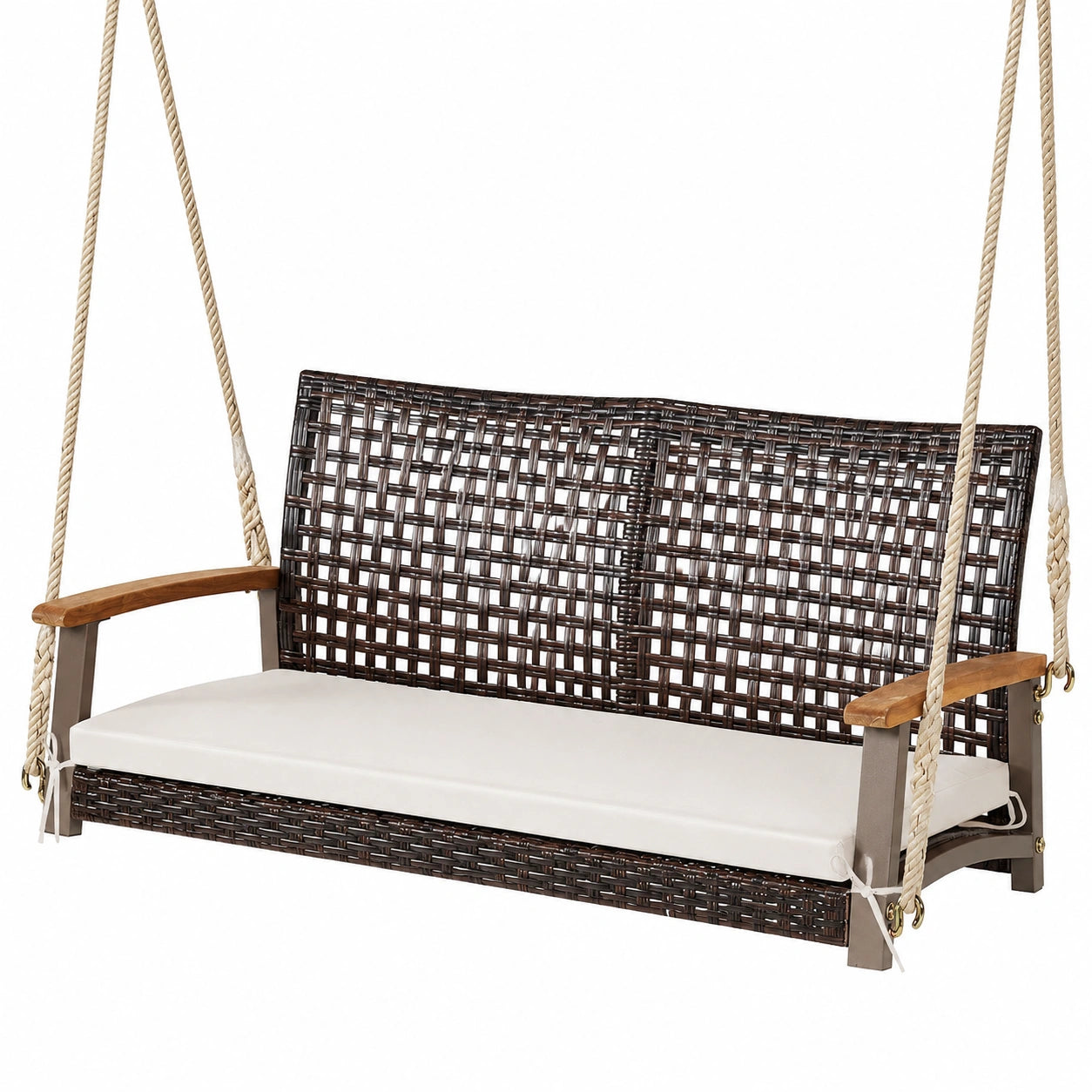Zweisitzer Rattan-Hängeschaukel mit Akazienholz, Gartenschaukel bis 360 kg, Inklusive weißem Sitzkissen