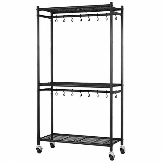 Sakugi Rollgarderobe mit Ablagen und Haken, Metall-Kleiderstange für Schlafzimmer, Waschküche, Balkon, Schwarz, 84 x 31 x 202 cm