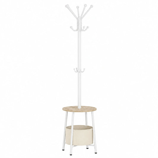 Moderner Garderobenständer mit großem Korb und 12 Haken, 182 cm, Weiß