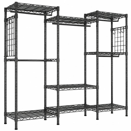 HOKEEPER Schwerlast Kleiderstange mit Netzablage und Haken, bis 498 kg belastbar, verstellbar, tragbar, Schwarz (177 x 43 x 193.5cm)