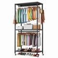 Robuster AQRA Kleiderständer mit Rollen, Metall, 200 kg Kapazität, 90x40x200 cm, Offenes Design mit 2 Stangen, 3 Regalfächern und 2 Haken