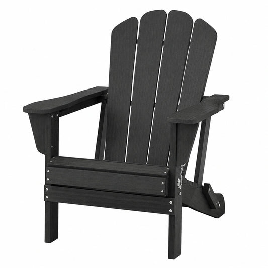 Domi Zusammenklappbarer Adirondack-Stuhl aus Wetterfestem HDPE mit Getränkehalter, Holzoptik für Garten, Terrasse, Pool & Veranda, Schwarz